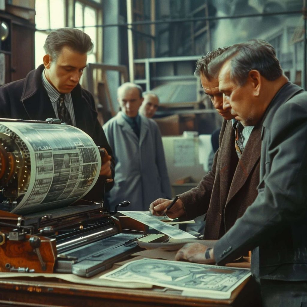 Men in a factory working on a printing press