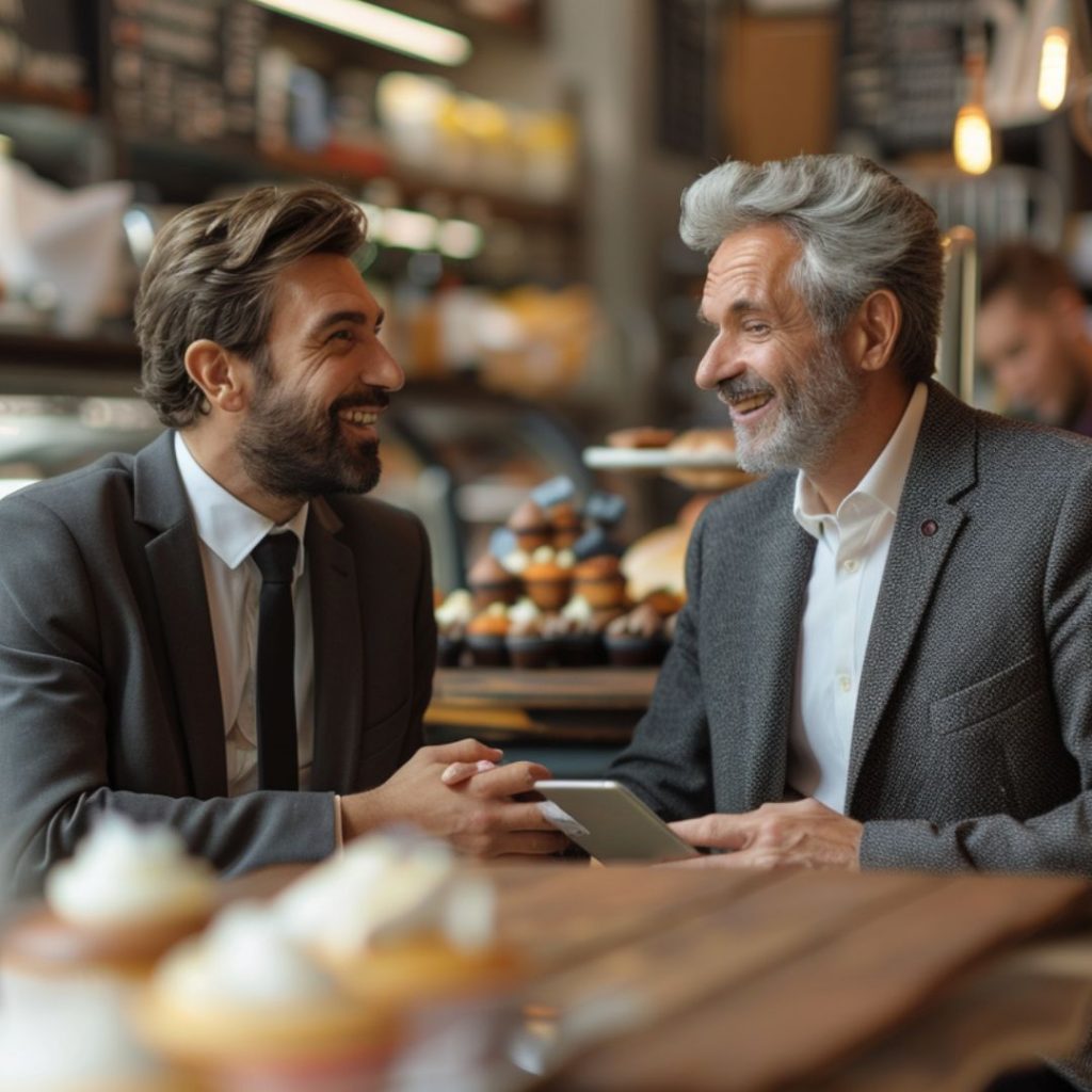offpage-seo-digital-pr A photo of two businessmen having a discussion in a cupkace shop